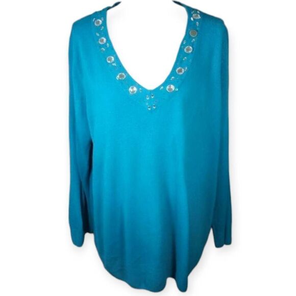 CAROLYN TAYLOR TURQUOISE VNECK JEWELD SWEATER SZ.2X EUC. - Picture 1 of 7